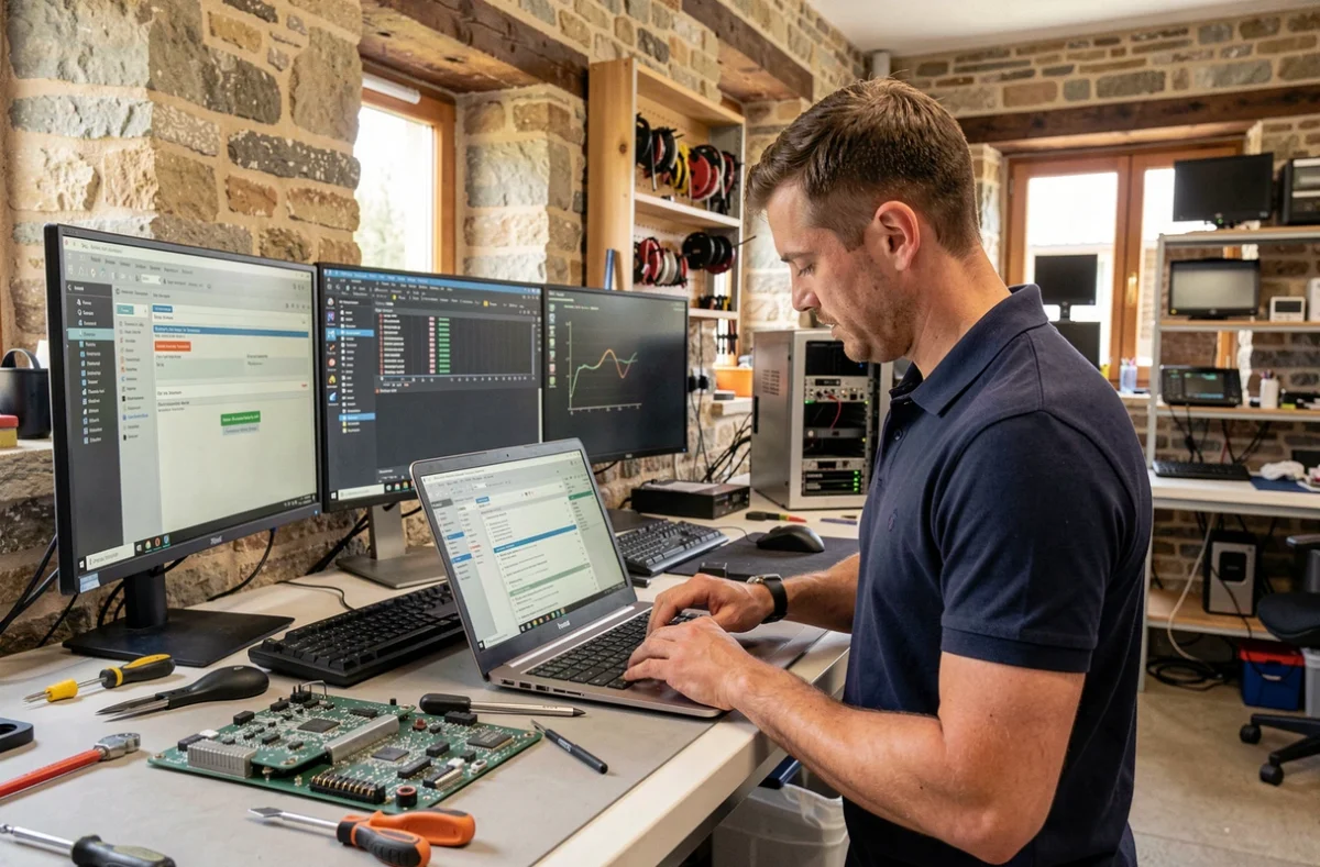 Atelier de dépannage informatique dans le Morbihan avec un technicien réparant un ordinateur portable sur un établi professionnel