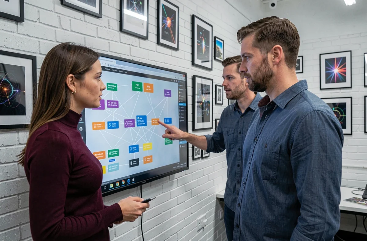 Deux collaborateurs du studio Dernier Cri à Lille analysant une architecture logicielle complexe sur un écran tactile dans un espace créatif à murs en briques blanches