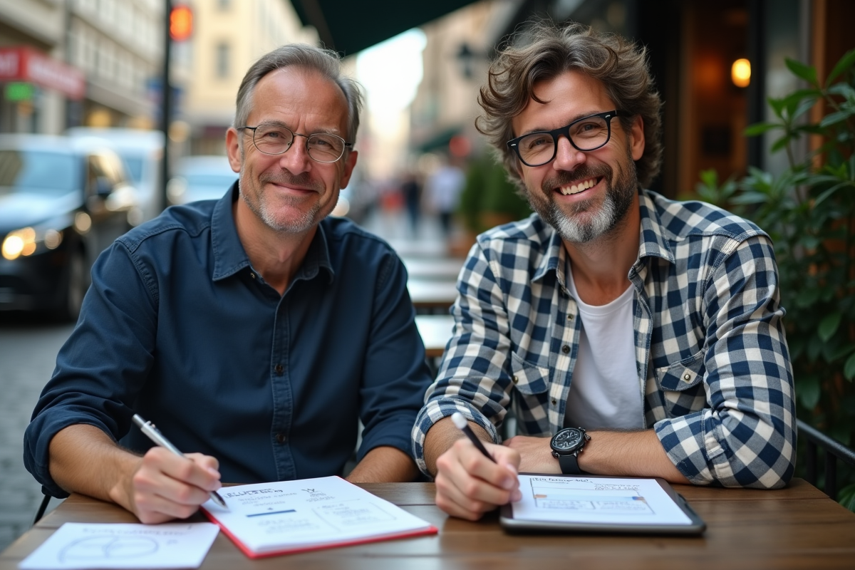 Deux hommes discutent avec diagrammes de programmation