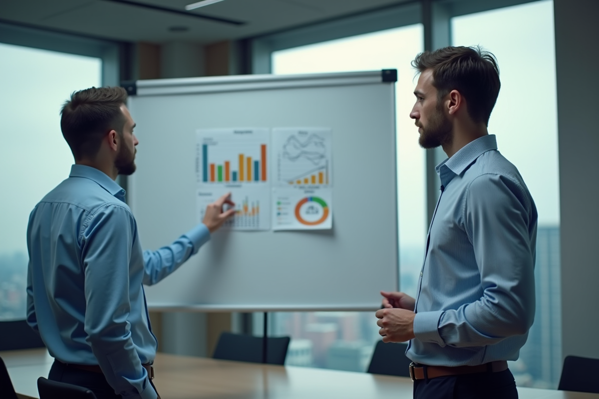 Deux hommes discutant de graphiques dans une salle de réunion