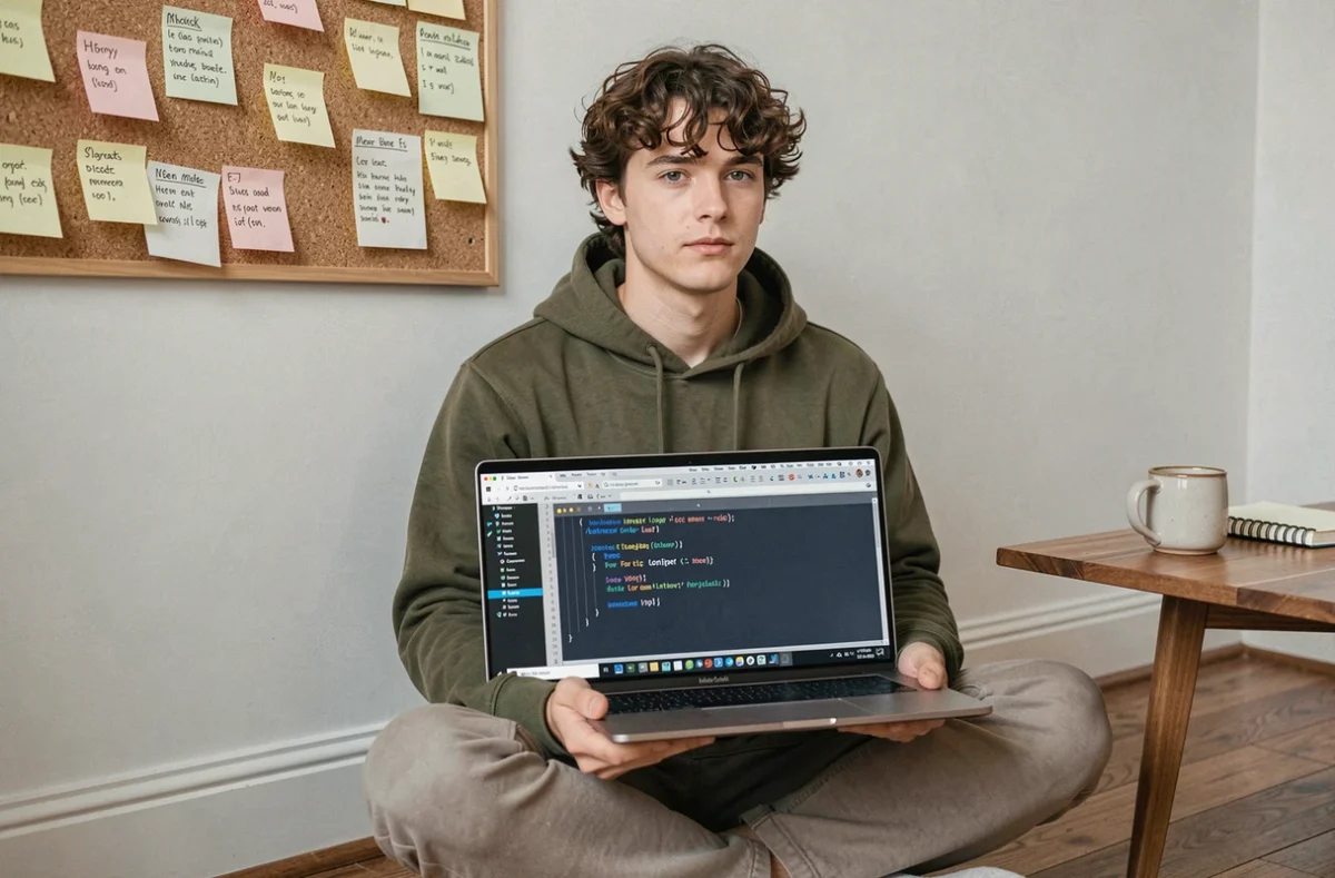 Jeune développeur travaillant sur une boucle For en VBA Excel depuis son bureau à domicile avec un ordinateur portable