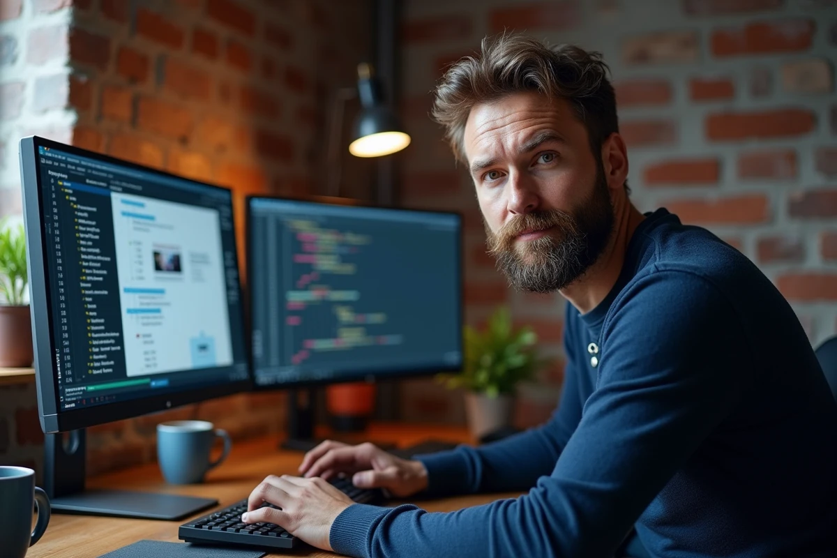 Développeur web concentré sur un double écran affichant du code CSS avec des erreurs de positionnement absolu dans un bureau à domicile