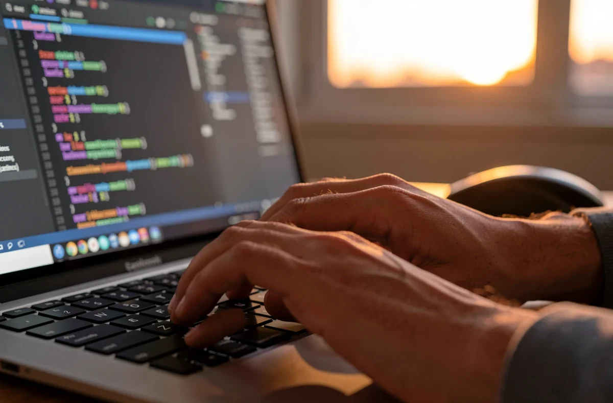 Développeur écrivant du code JavaScript sur un clavier