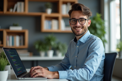 Jeune homme en bureau avec code JSON sur écran