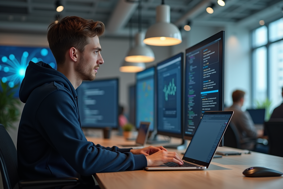 Jeune homme developpeur en hoodie dans un bureau lumineux