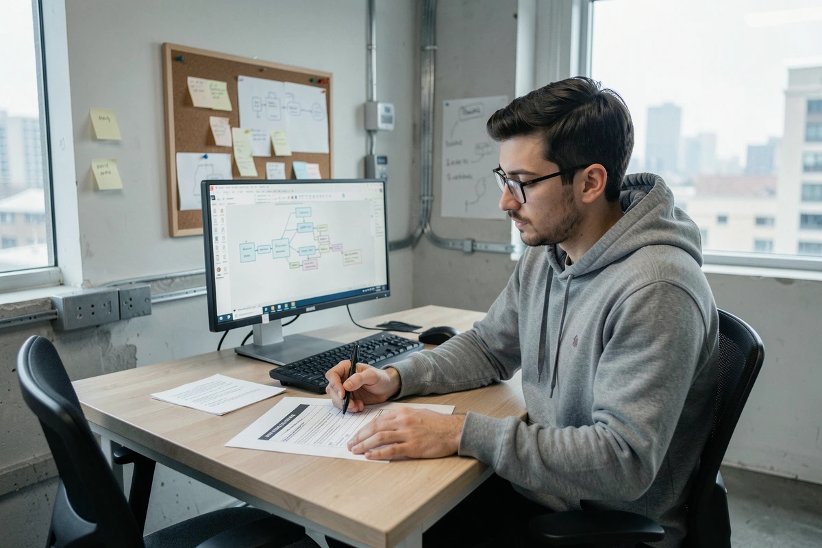Développeur agile annotant un document de use cases UML à son bureau dans un open space technologique