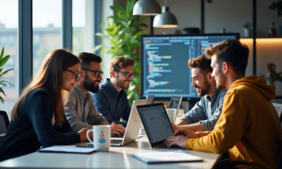 Groupe de developpeurs collaborant dans un bureau lumineux