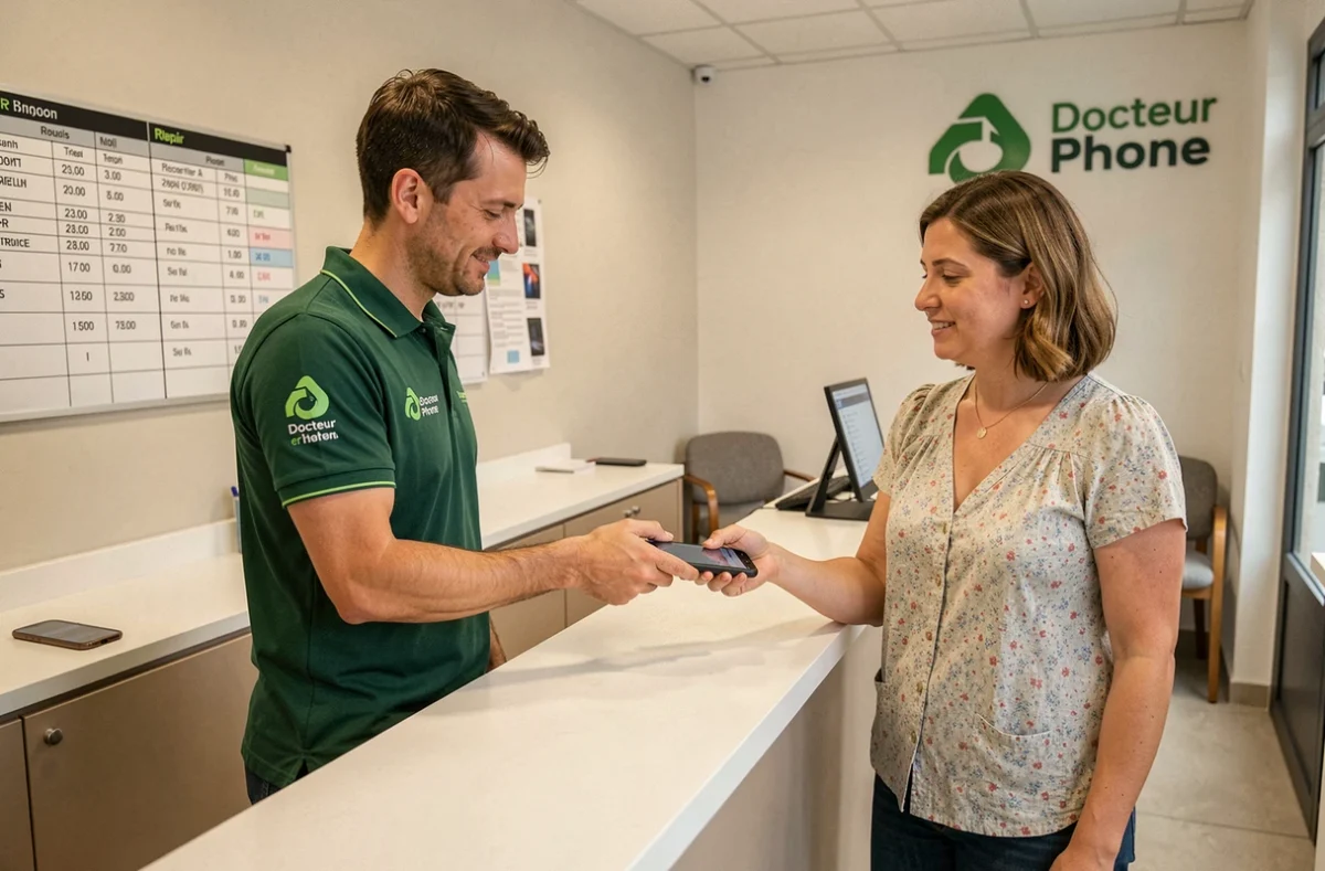 Technicien Docteur Phone Avignon remettant un smartphone réparé à une cliente satisfaite