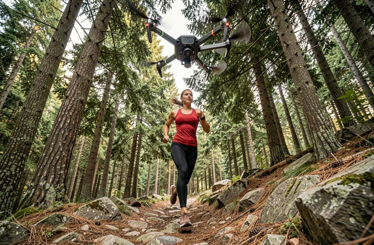Drone de suivi filmant une coureuse de trail en forêt depuis un angle bas dynamique