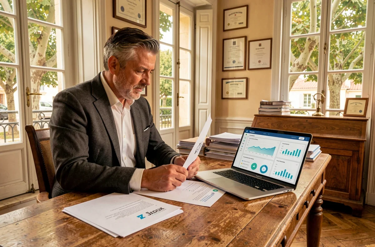 Directeur créatif expérimenté en Pays d'Aix examinant des documents de stratégie de marque dans une agence digitale historique