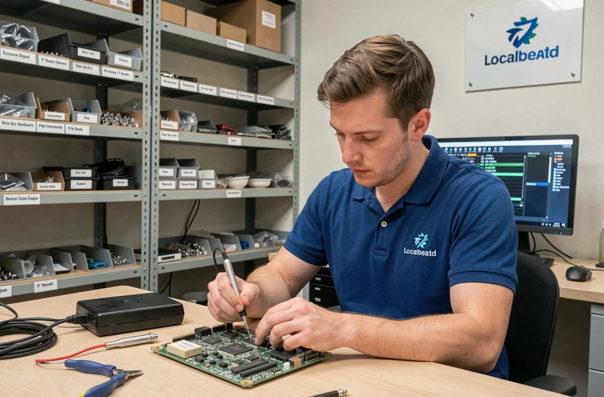 Technicien d'Ecoms réparant une carte mère dans un atelier informatique professionnel du Morbihan