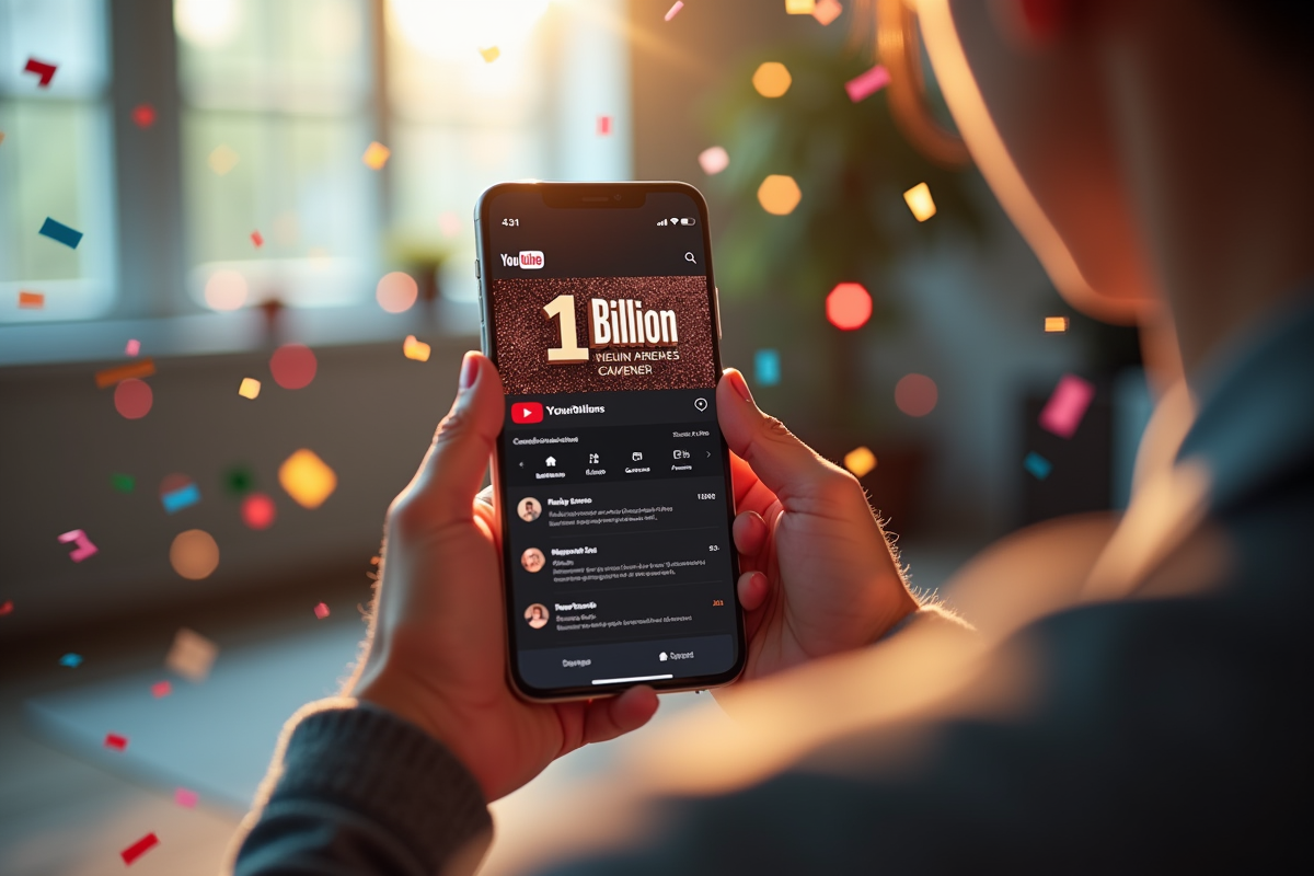 Smartphone affichant une vidéo YouTube avec confettis