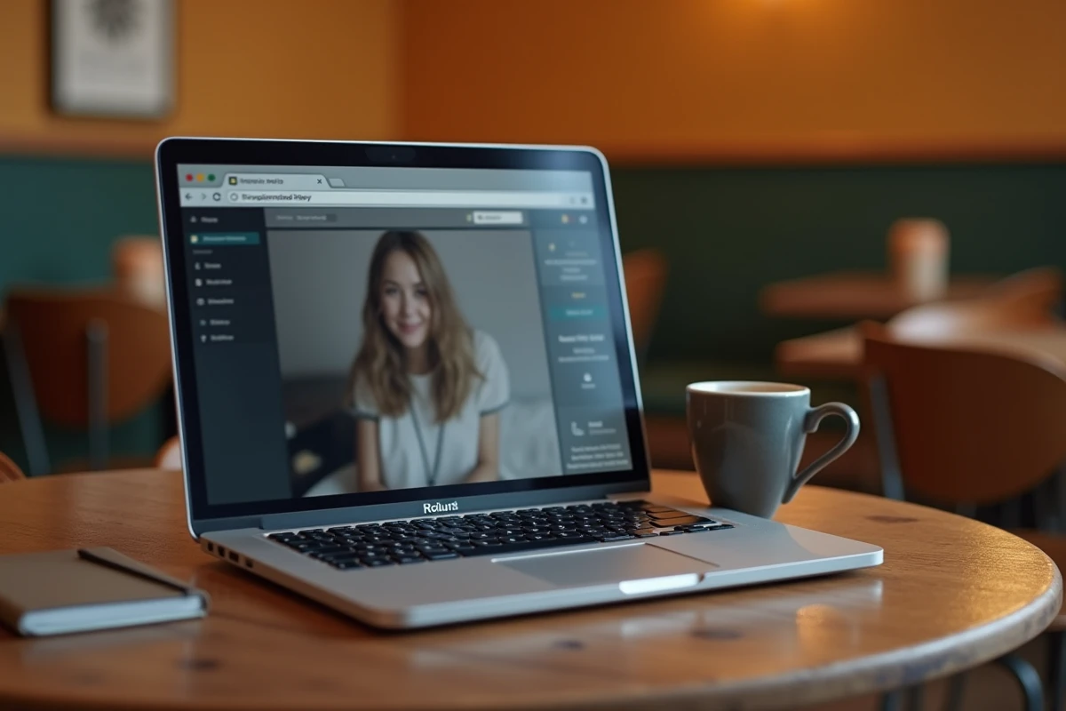Écran d'ordinateur affichant une interface de visualisation anonyme de profil Instagram dans un café