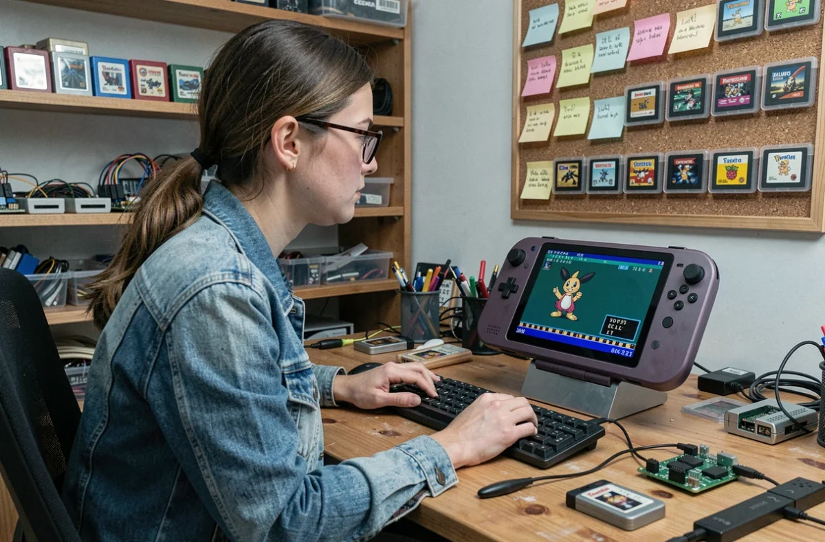 Femme utilisant un émulateur GBA Pokemon sur Steam Deck dans un bureau informatique