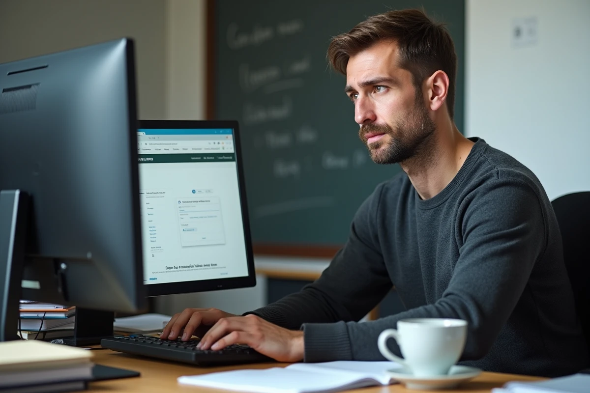 Enseignant comparant l'ENT académique et la messagerie mail ac montpellier sur un ordinateur de bureau dans une salle des professeurs