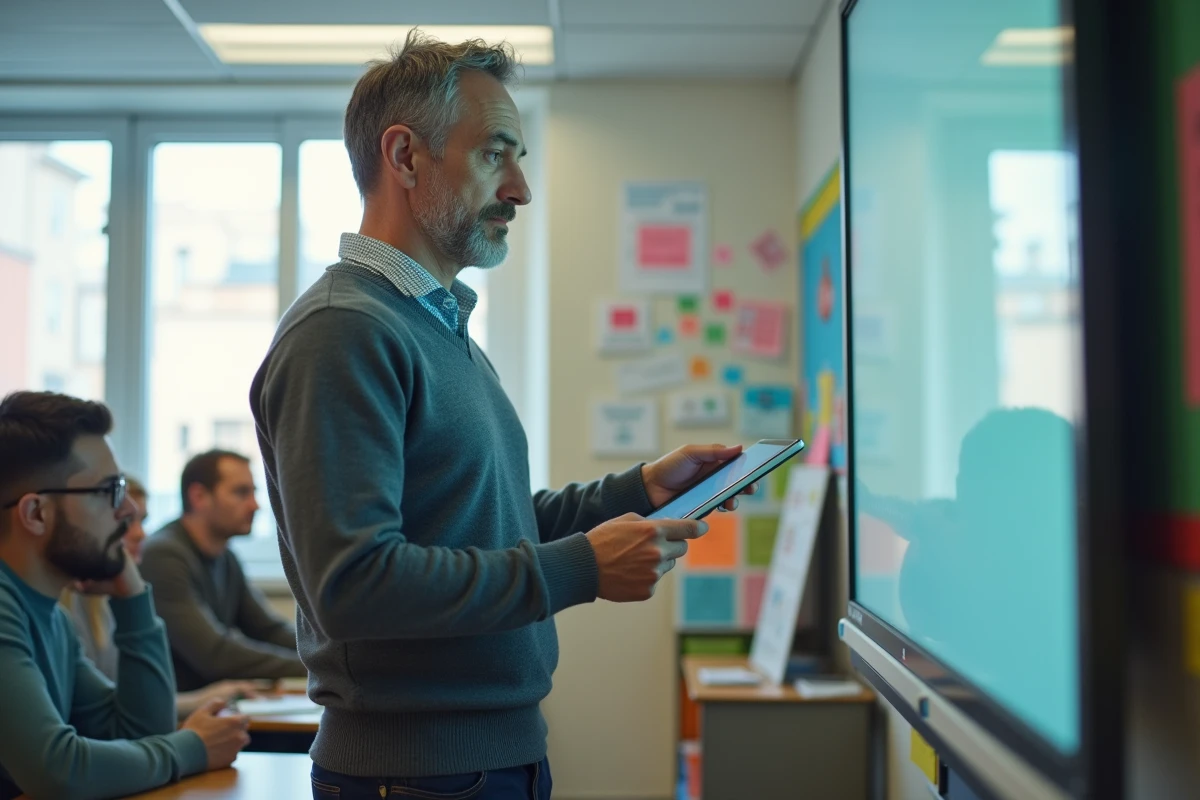 Enseignant devant un tableau interactif dans une classe lumineuse