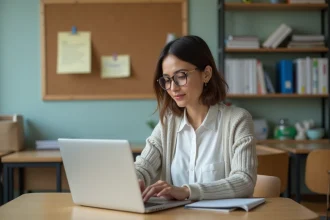 Femme enseignant assise à un bureau moderne avec ordinateur portable