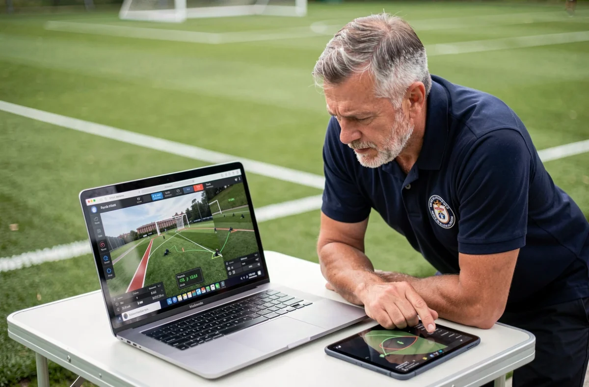 Entraîneur de football analysant des images de drone sur tablette et ordinateur portable en bord de terrain