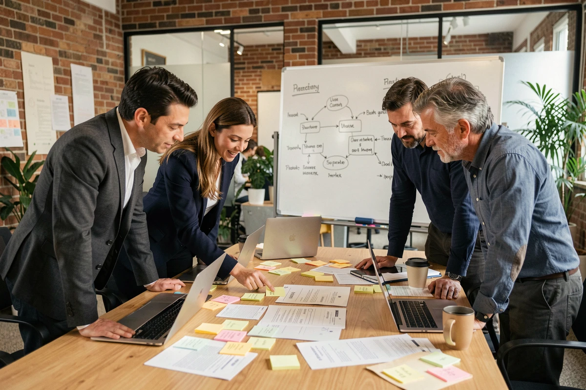 Équipe agile en réunion autour d'un tableau de post-its définissant des use cases pour un projet Scrum