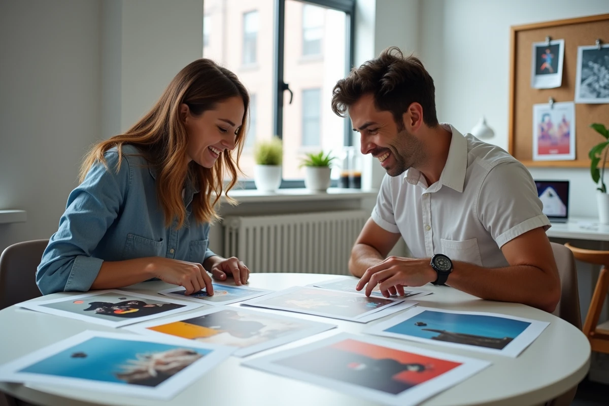 Deux créatifs discutant de comparaisons entre outils IA Leonardo et Midjourney autour d'impressions d'images dans un studio de design