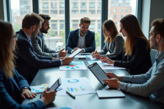 Groupe de professionnels marketing analysant des infographies