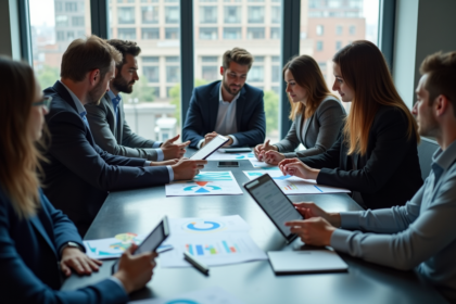 Groupe de professionnels marketing analysant des infographies