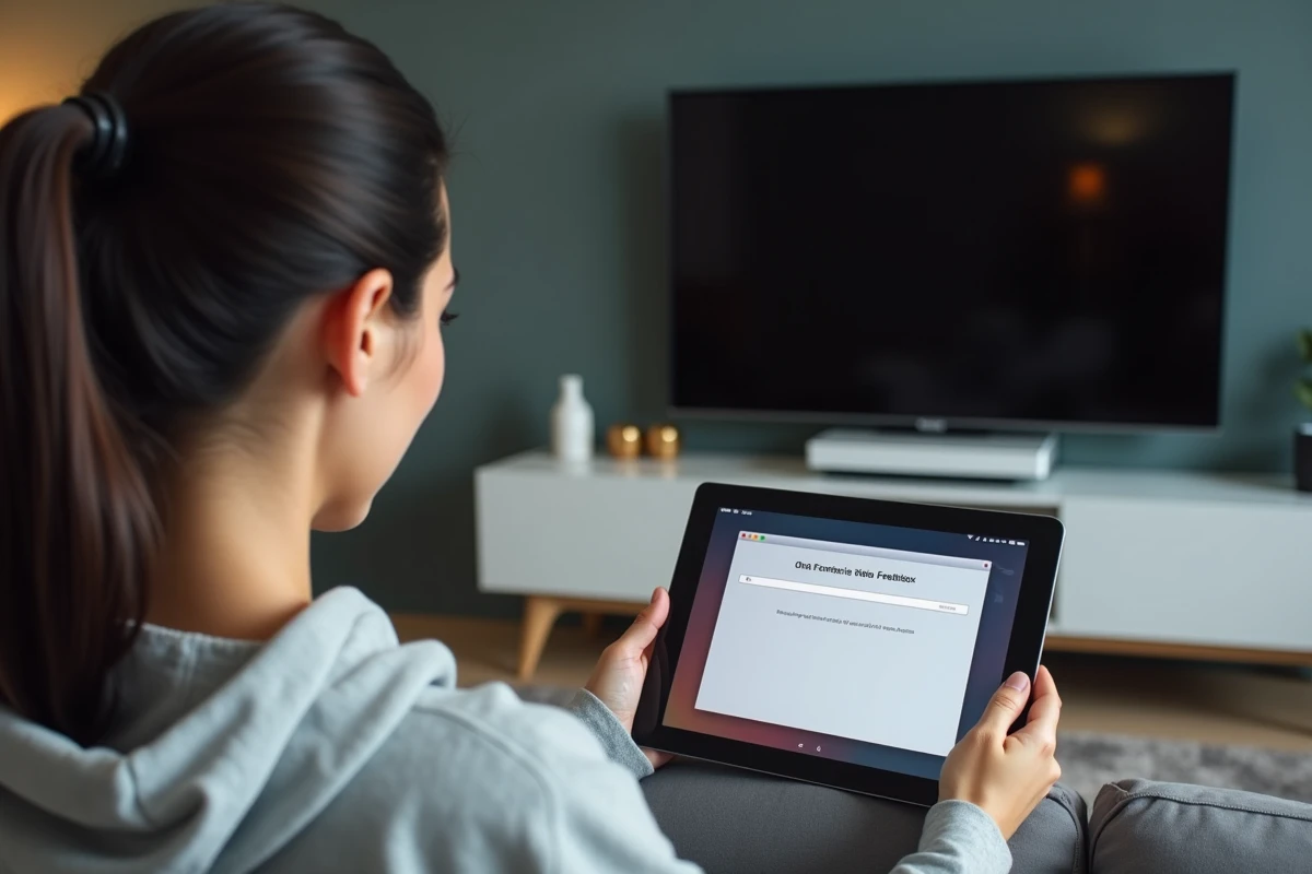 Femme consultant une page d'erreur de connexion sur mafreebox.freebox.fr depuis une tablette dans un salon avec une Freebox visible