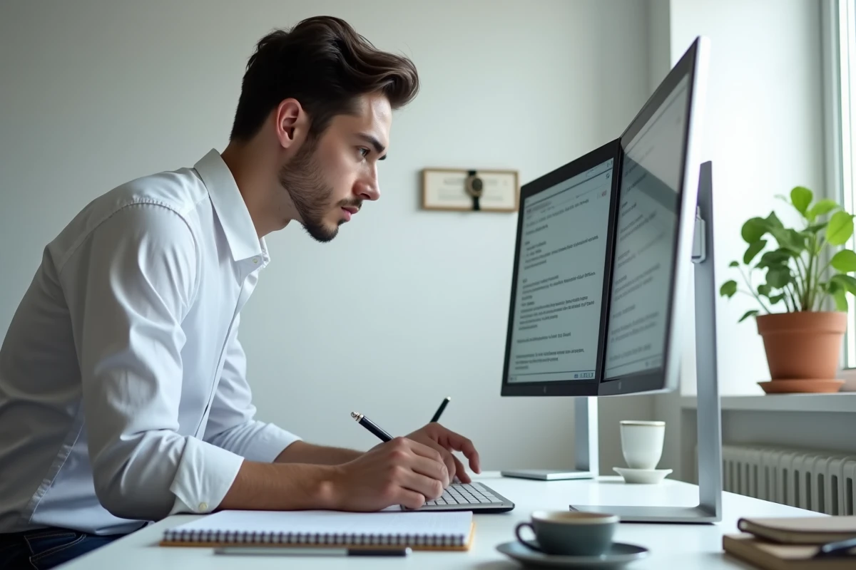 Étudiant en droit prenant des notes manuscrites en utilisant un assistant IA juridique sur grand écran dans un bureau à domicile moderne