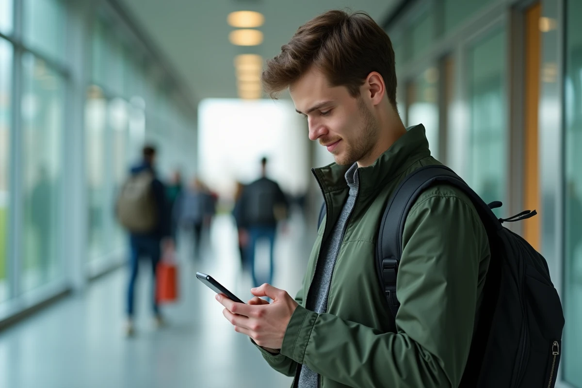 Étudiant consultant l'ENT ou le webmail ac Normandie sur son smartphone dans un couloir de campus