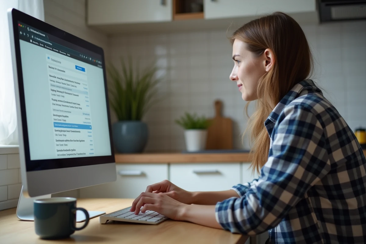 Étudiant consultant le webmail de Grenoble depuis la cuisine de son domicile sur un ordinateur de bureau