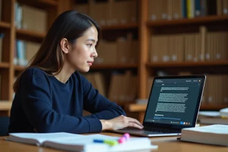 Étudiante en droit utilisant un assistant IA Juriv sur son ordinateur portable dans une bibliothèque universitaire entourée de livres juridiques
