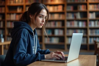 Étudiante utilisant le webmail ac Normandie sur un ordinateur portable dans une bibliothèque universitaire