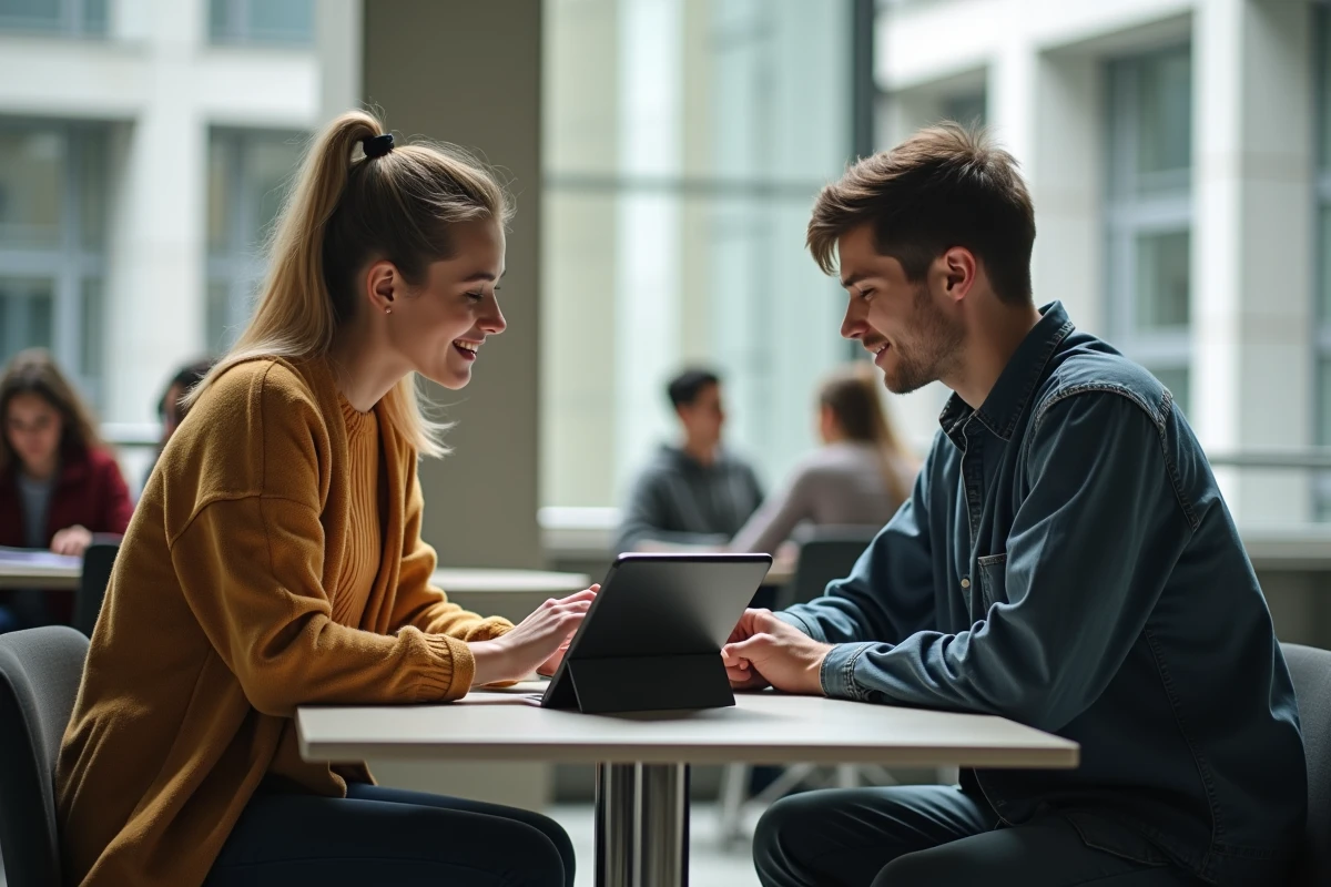 Deux étudiants en droit consultant ensemble un assistant IA juridique sur une tablette dans un espace commun universitaire moderne