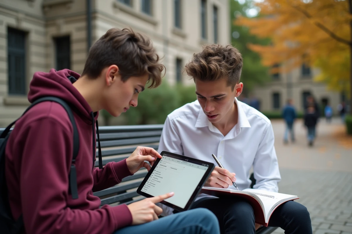 Deux étudiants configurant ensemble le webmail académique de Nantes sur une tablette Android en extérieur sur le campus