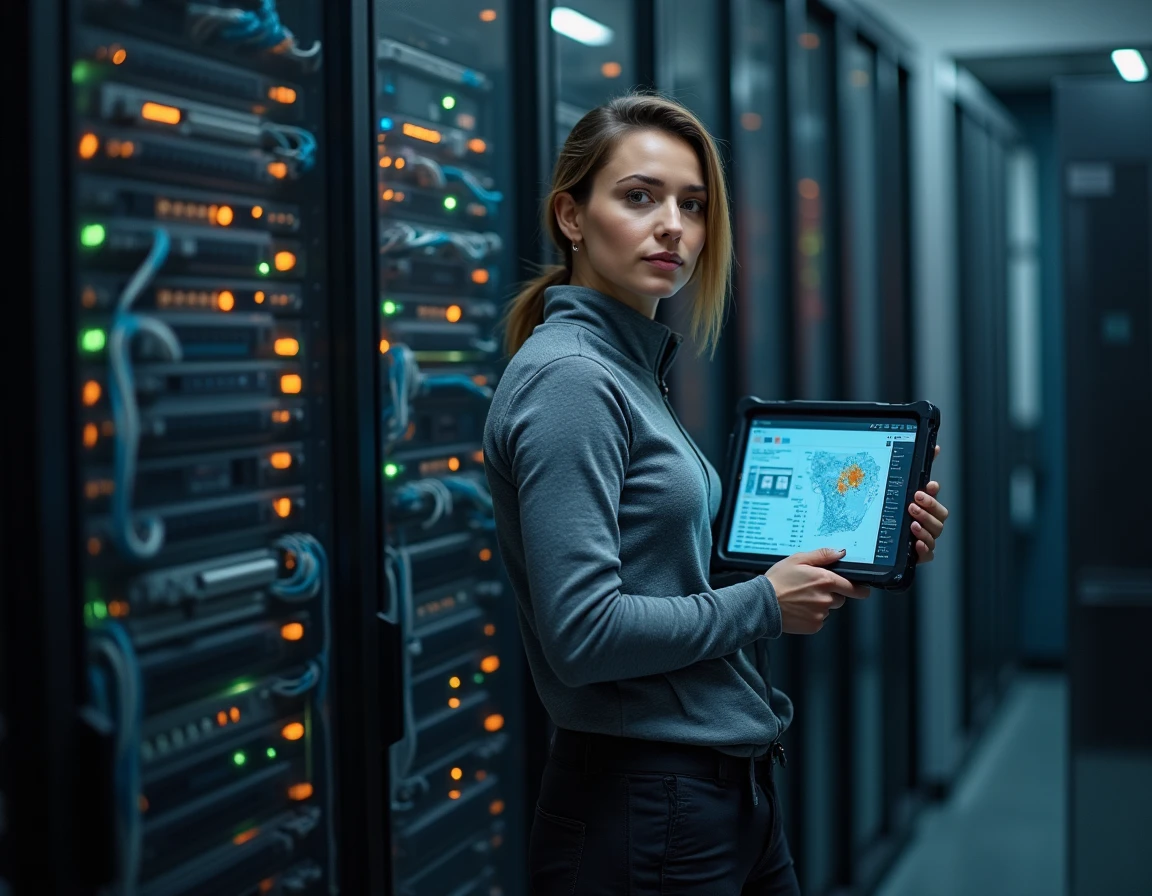 Ingénieure SRE analysant la topologie d'un cluster de serveurs sur tablette dans une salle de colocation professionnelle