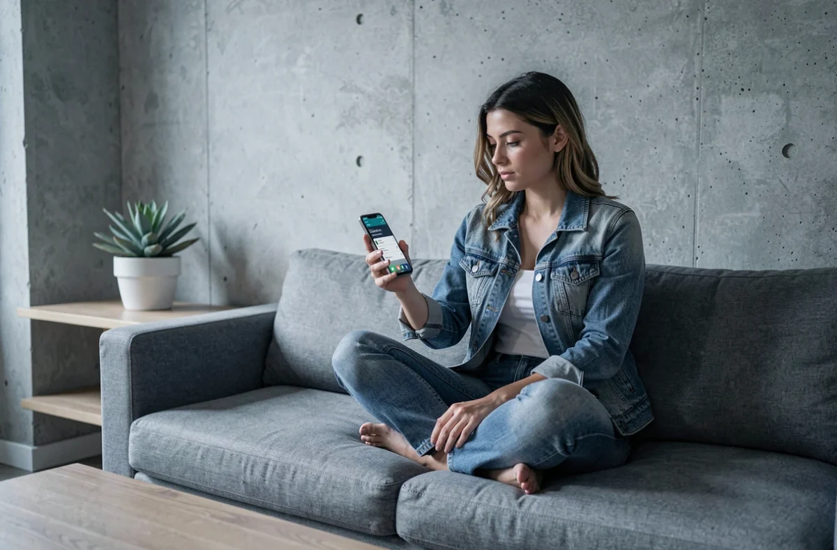 Femme analysant la consommation de batterie de son Samsung Galaxy sur un canapé