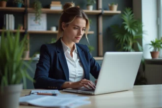 Jeune femme concentrée sur son ordinateur en stratégie SEO