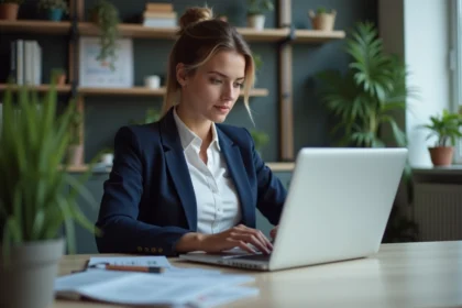Jeune femme concentrée sur son ordinateur en stratégie SEO