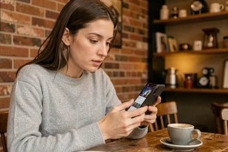 Jeune femme utilisant une application de sonnerie musicale sur iPhone dans un café