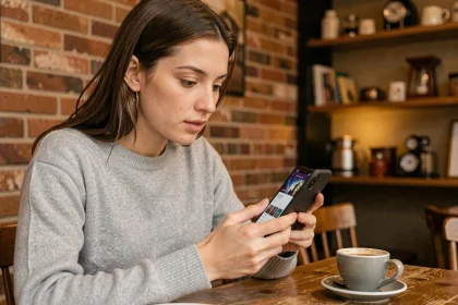 Jeune femme utilisant une application de sonnerie musicale sur iPhone dans un café
