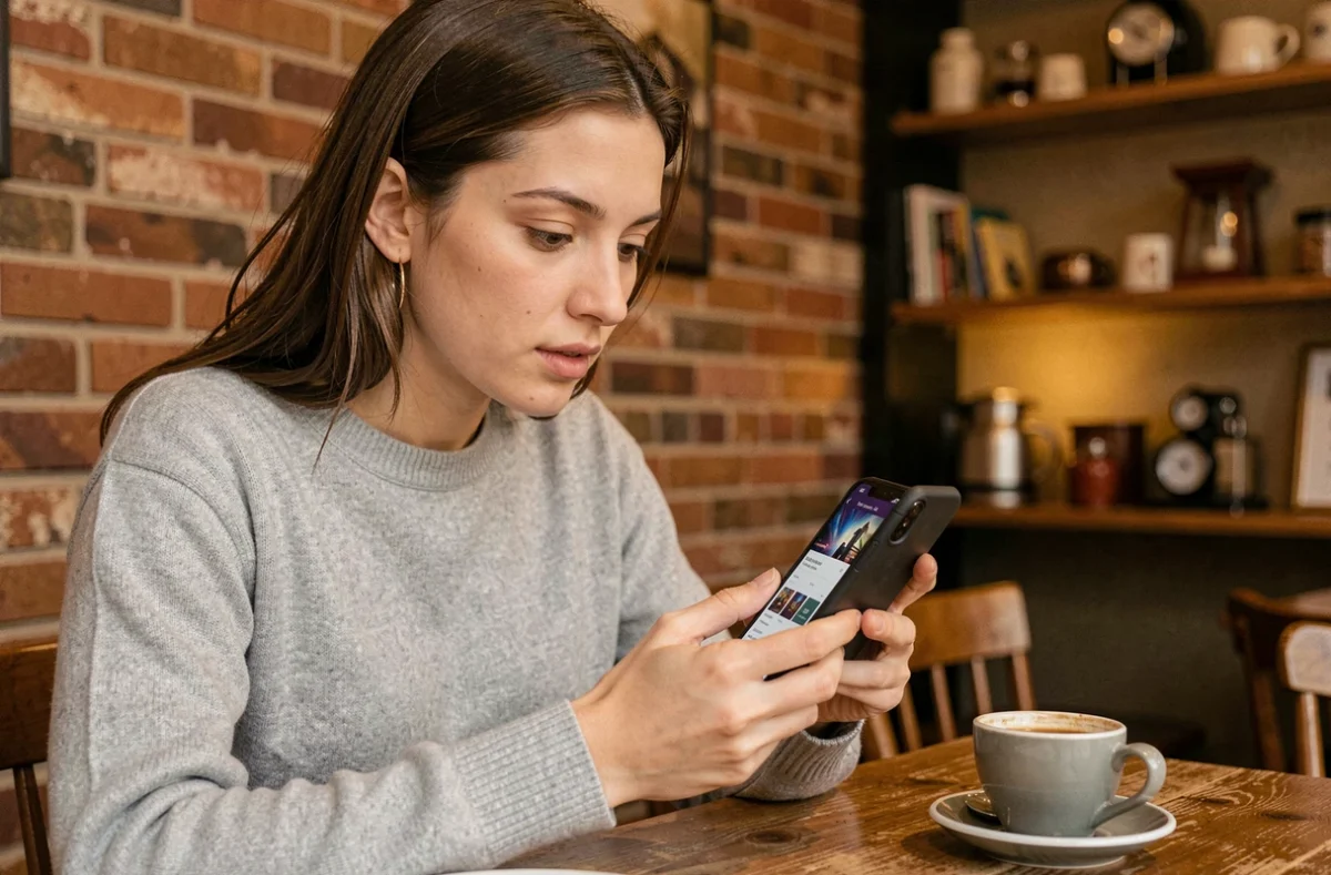 Jeune femme utilisant une application de sonnerie musicale sur iPhone dans un café