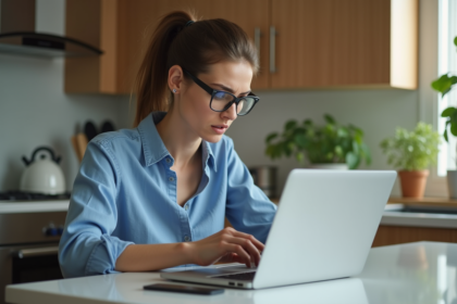 Femme en cuisine effectuant une authentification 2FA