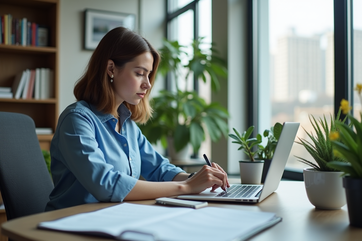 Jeune femme au bureau analysant des données web