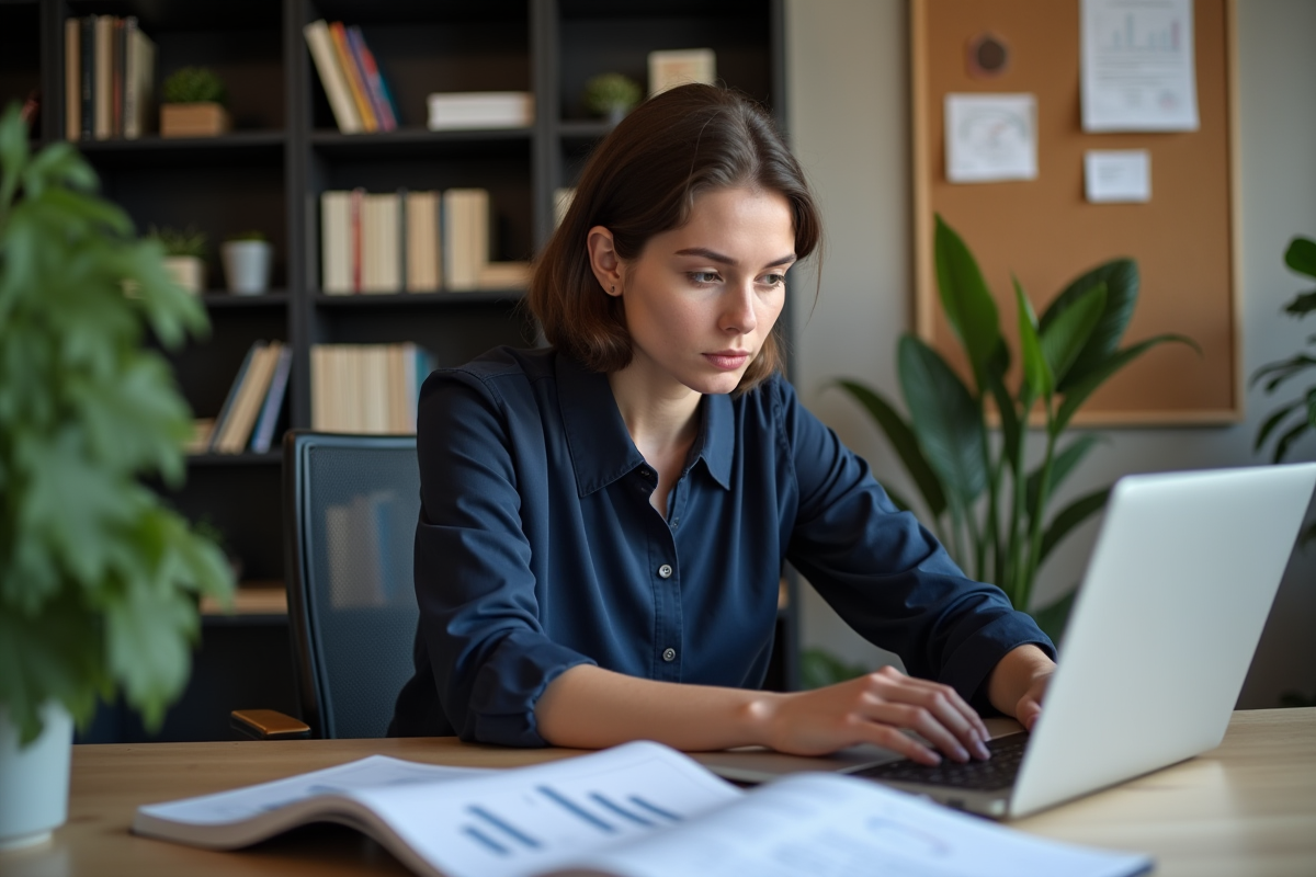 Jeune femme au bureau analysant des données sur son ordinateur