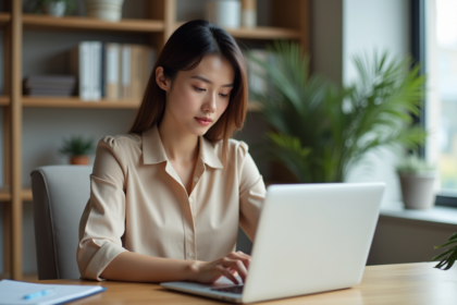 Jeune femme au bureau convertissant un document en PDF