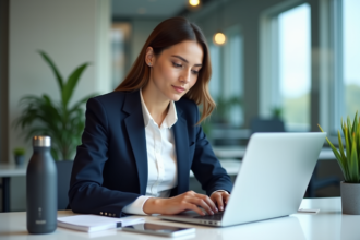 Jeune femme professionnelle compose un email au bureau
