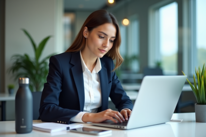 Jeune femme professionnelle compose un email au bureau