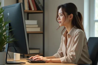 Jeune femme au bureau regardant son écran pour l'article ergonomie