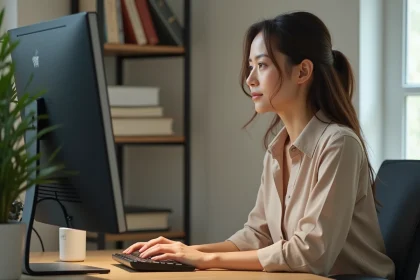 Jeune femme au bureau regardant son écran pour l'article ergonomie