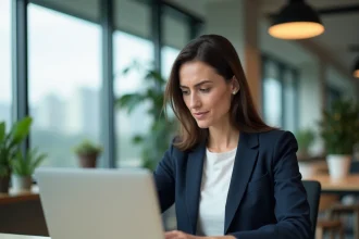 Femme au bureau frustrée face à une erreur de connexion sur son portail intranet professionnel